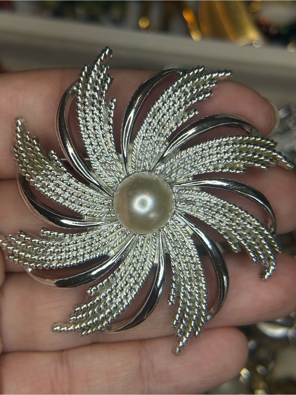 Vintage Sarah Coventry Silver Tone Pinwheel Faux Pearl Brooch